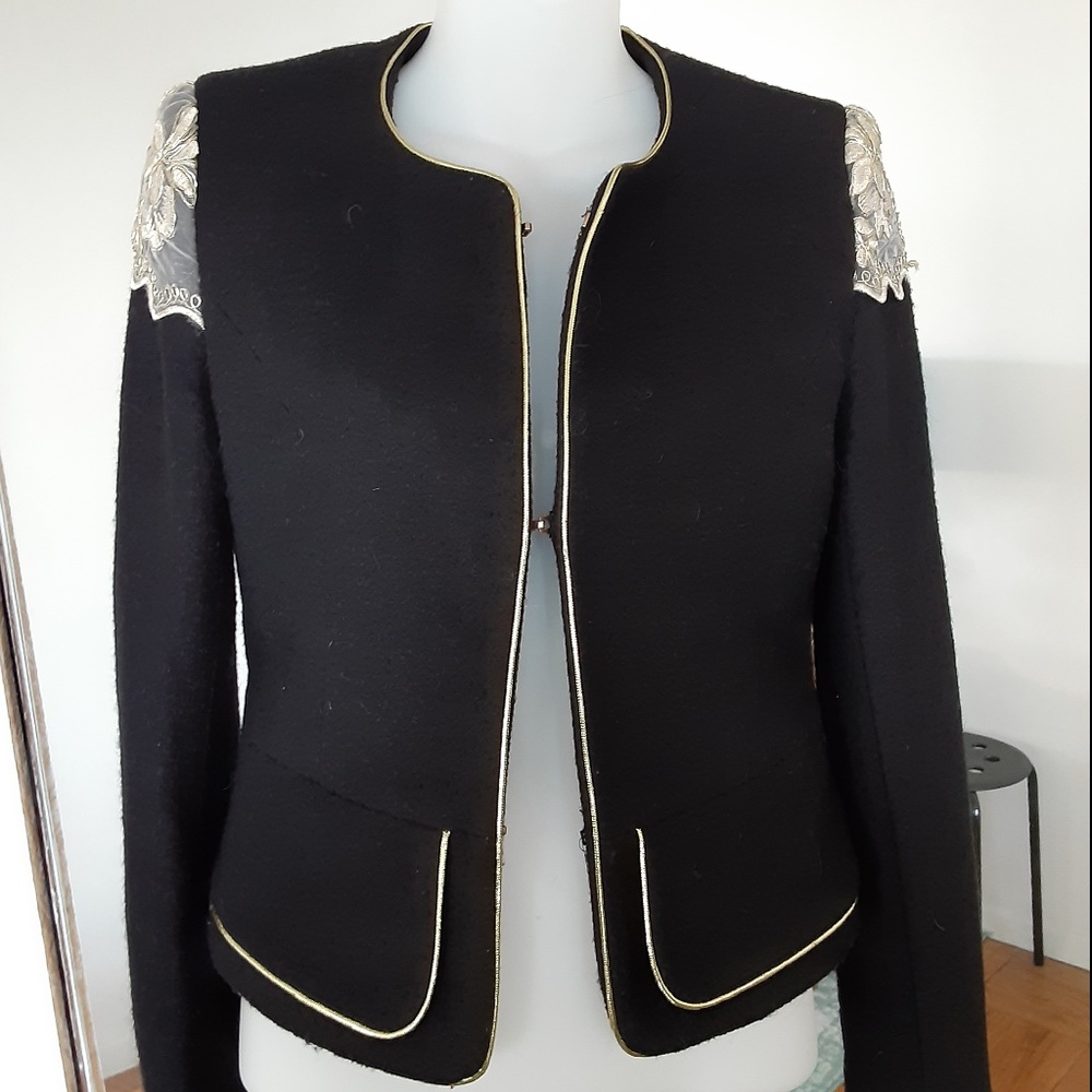 Chic Black Gold Wool Blazer Lace Epaulette S or XS
